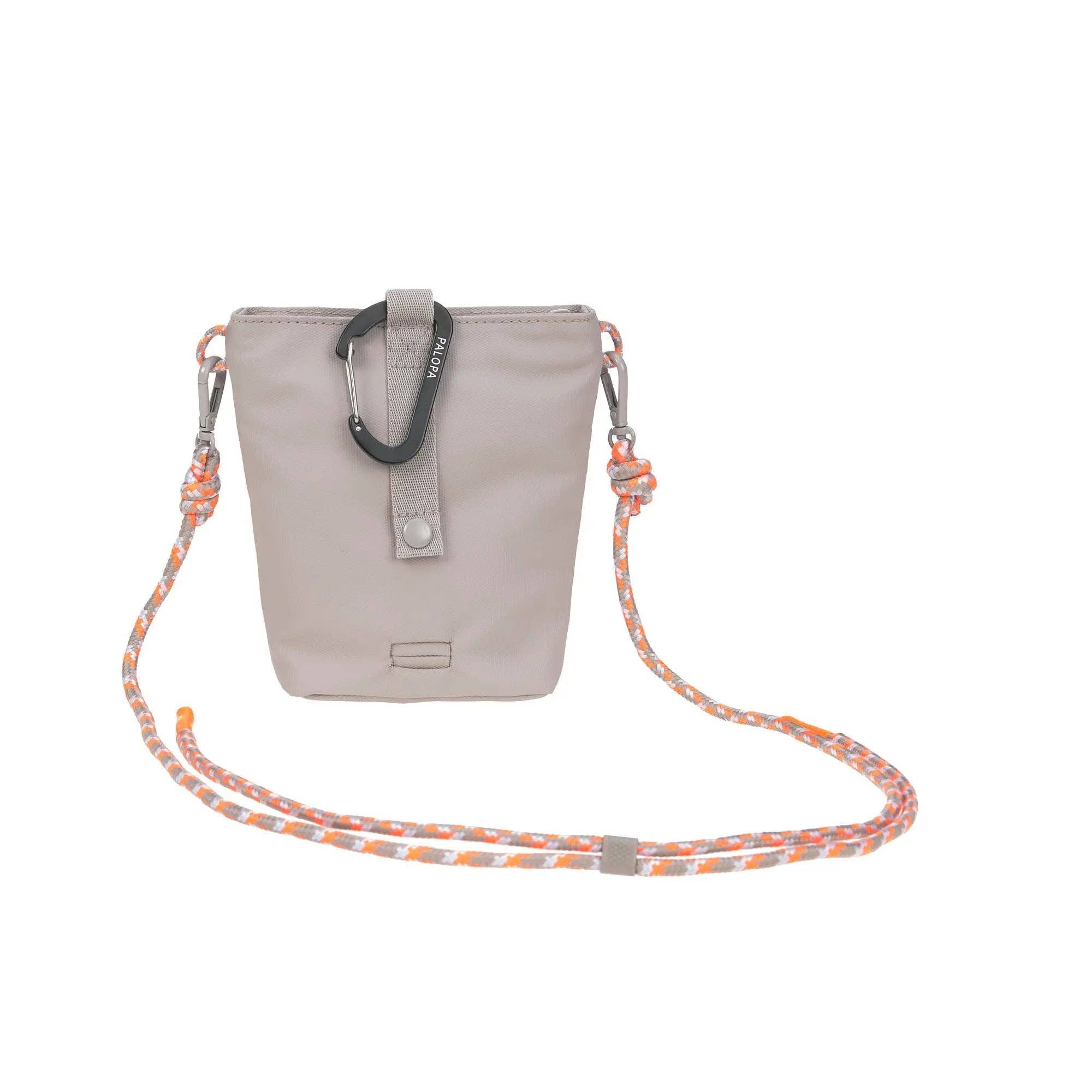 Beige bucket bag with an orange and gray strap on a white background