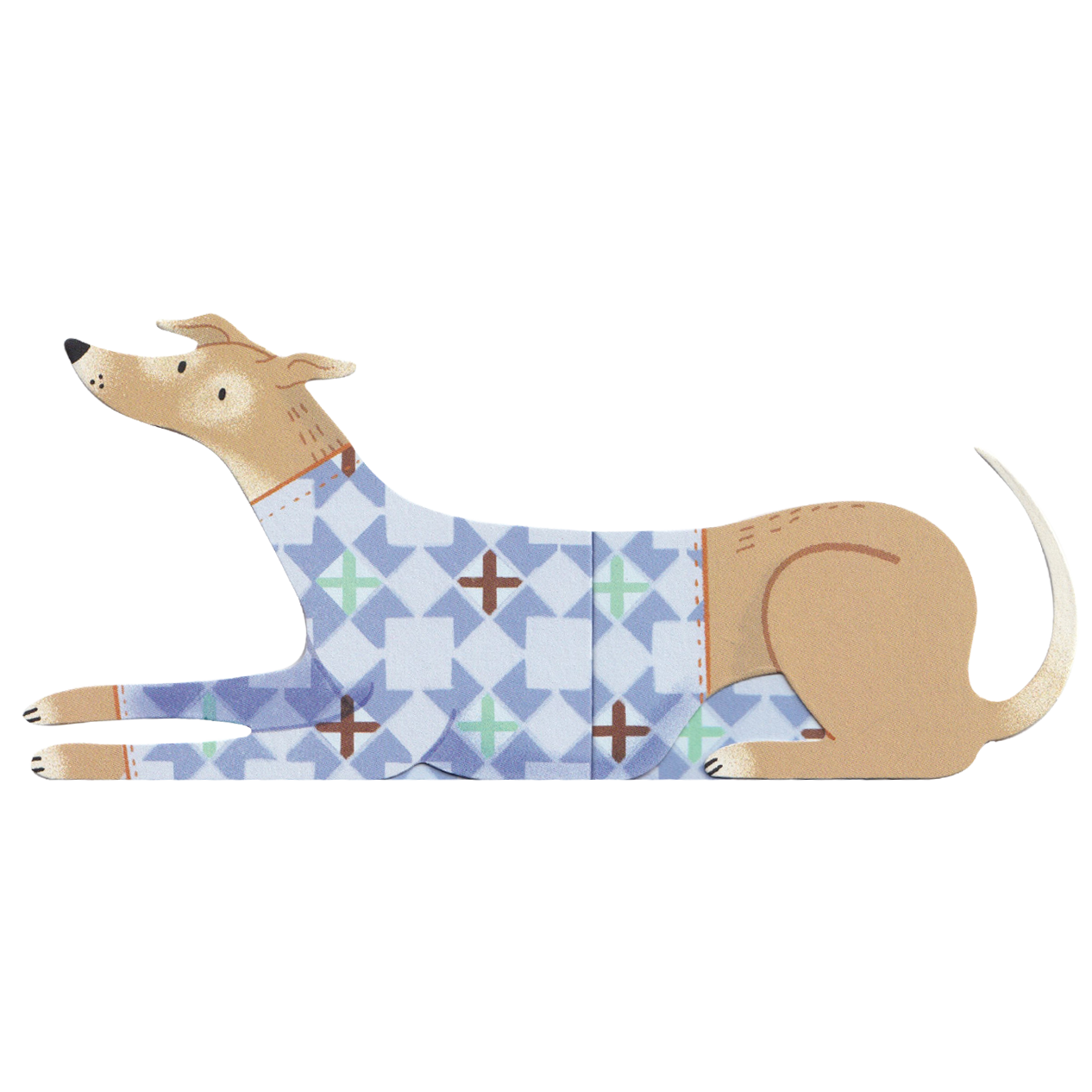Dog wearing a blue patterned sweater on a white background