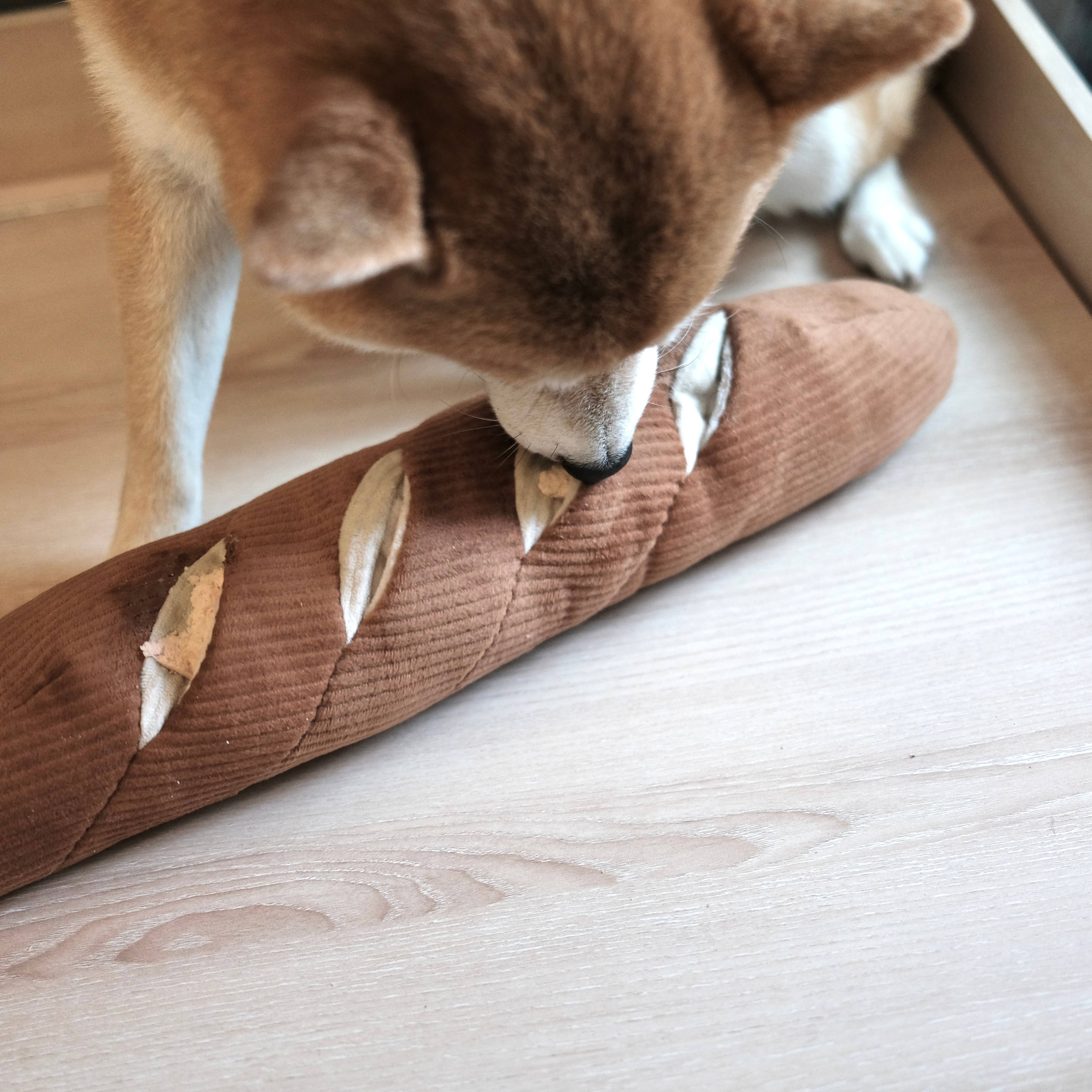 Oversized baguette dog toy with crinkly bakery style paper bag