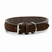 Luxury brown tweed dog collar featuring weather-resistant Italian hardware