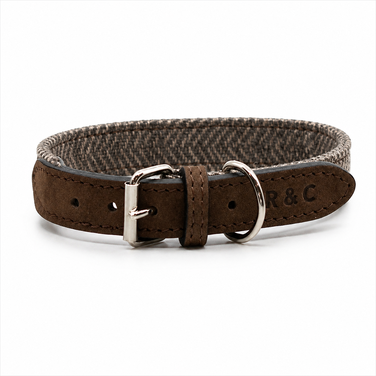 Luxury brown tweed dog collar featuring weather-resistant Italian hardware
