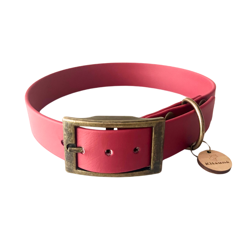 Kitsunē BioThane® dog collar in Red Vermillion with antique brass-effect hardware and wooden logo tag.
