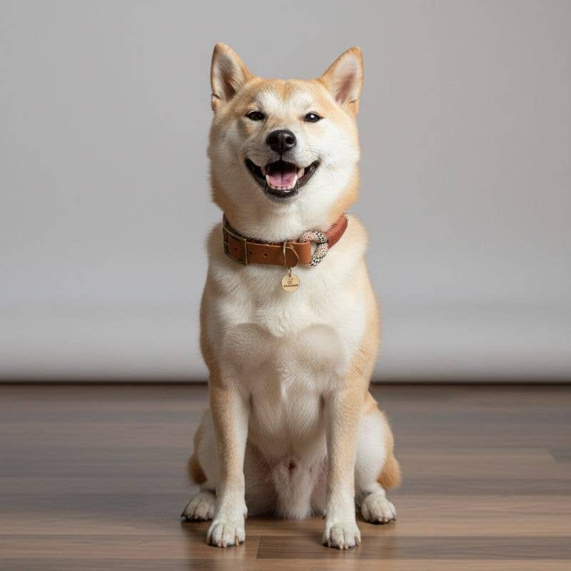 A Shiba Inu dog sitting on a wooden floor against a neutral gray background, wearing a brown leather collar with a small gold bell.
