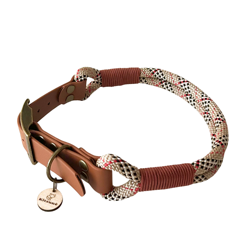 Handmade Kitsunē dog collar crafted from brown BioThane® and tartan paracord.