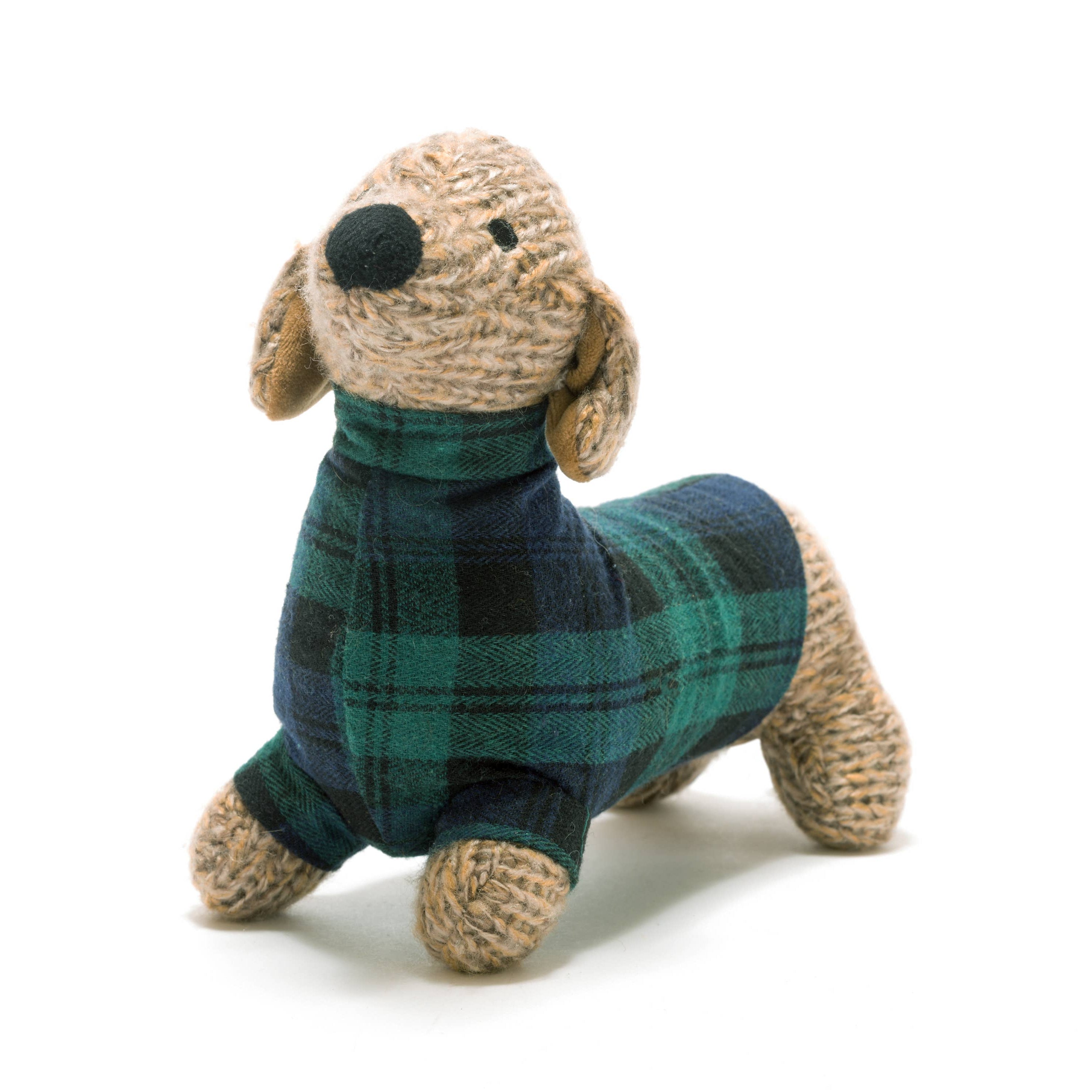 Knitted dog toy with a plaid pattern on a white background