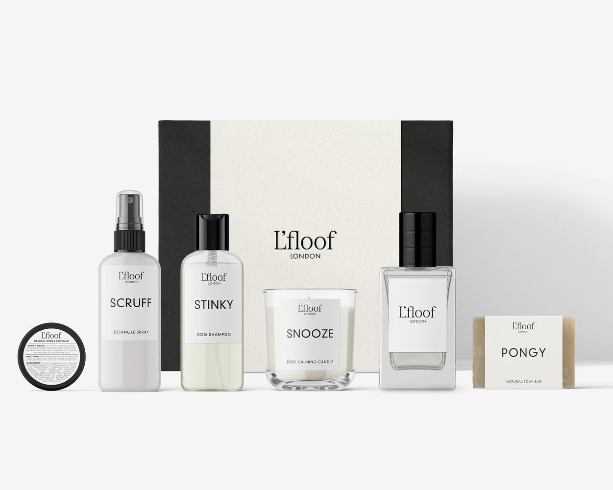Collection of L'loof skincare products including bottles, a spray, and a bar on a white background.