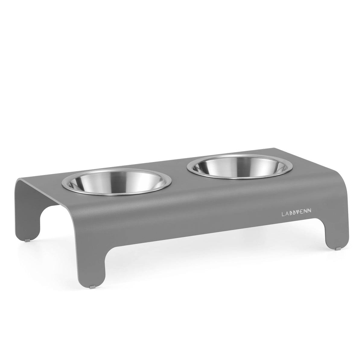 Labbvenn RICO luxury designer dog feeder in Grey with stainless-steel bowls.