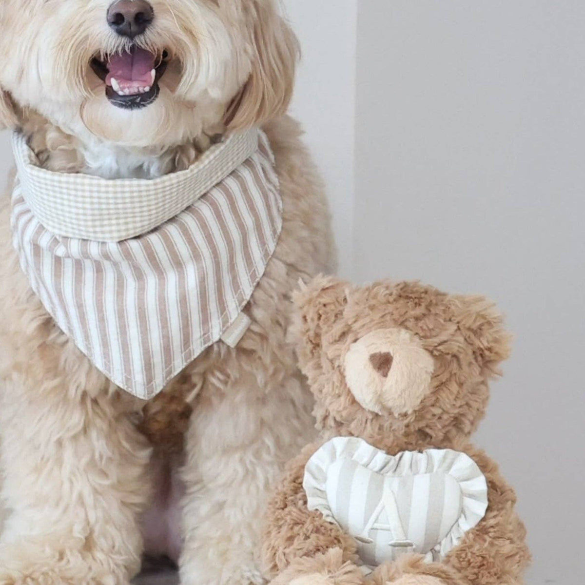 Reversible Lambwolf dog bandana with warm mocha stripe and mini checker patterns