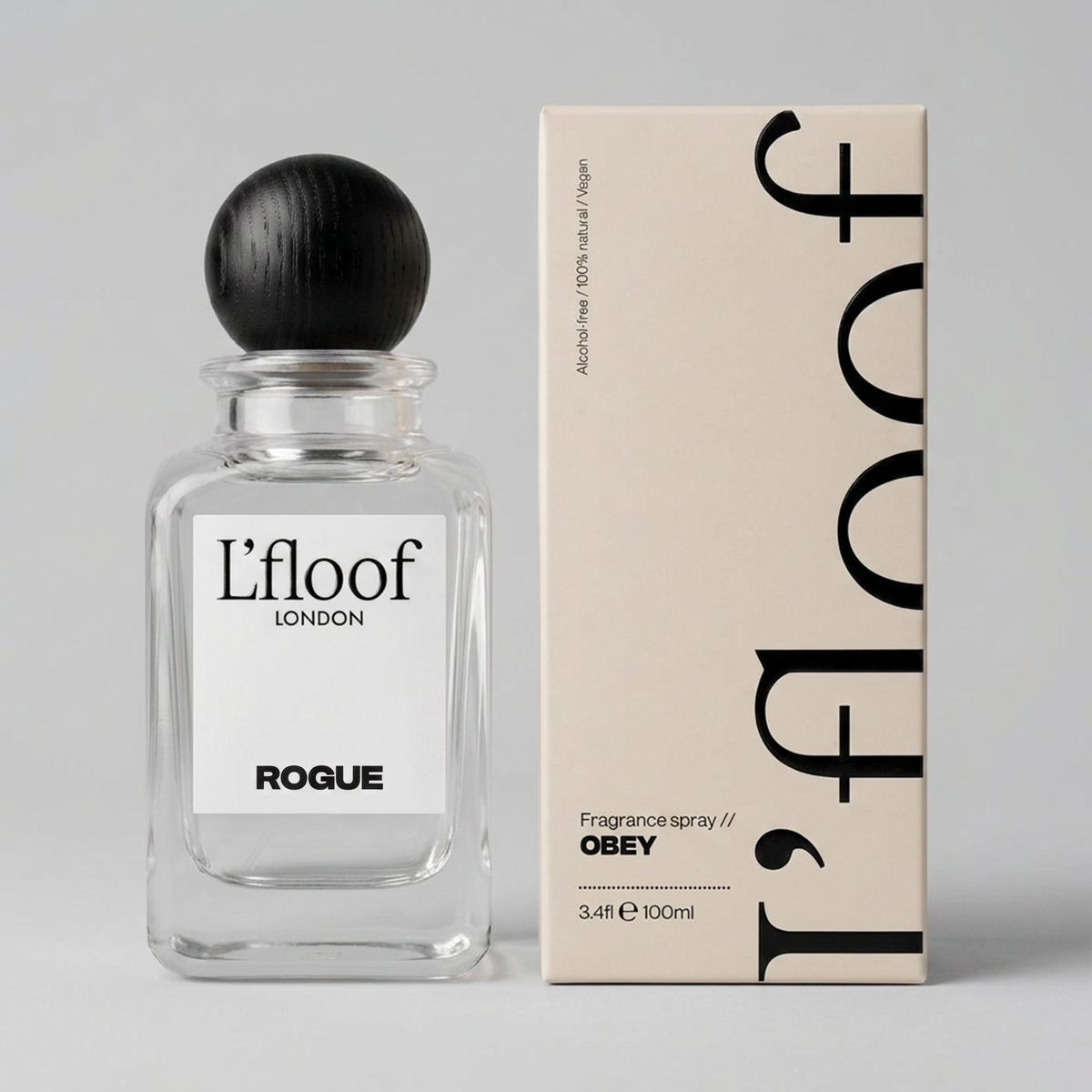 Lfloof London perfume bottle and packaging on a gray background