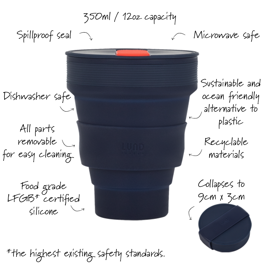Lund London reusable food-grade silicone coffee cup in Indigo.