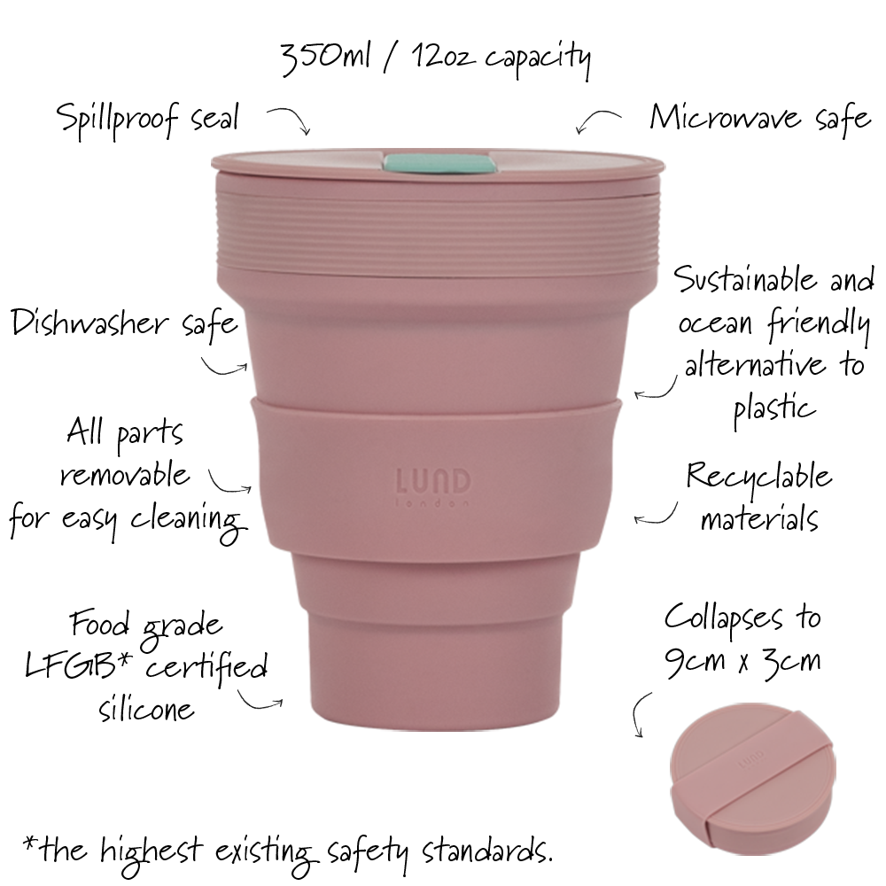 Lund London reusable food-grade silicone coffee cup in Pink.