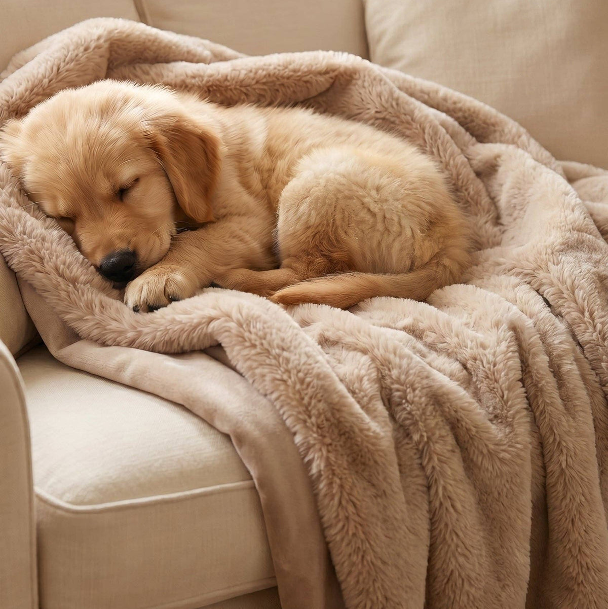 Soft Almond faux fur dog blanket for cosy beds and sofas.