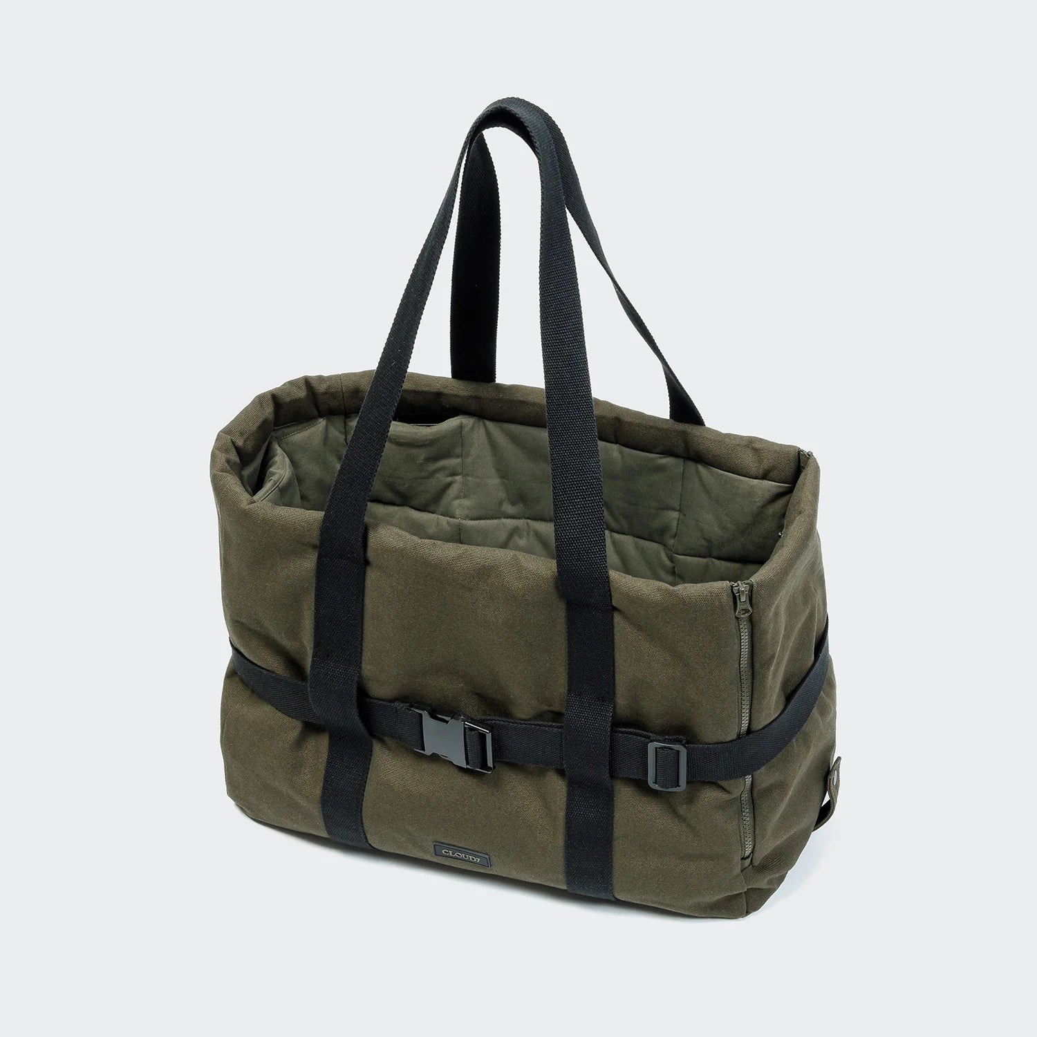 Cloud7 Turin dog carrier featuring durable olive cotton canvas and quilted interior lining.