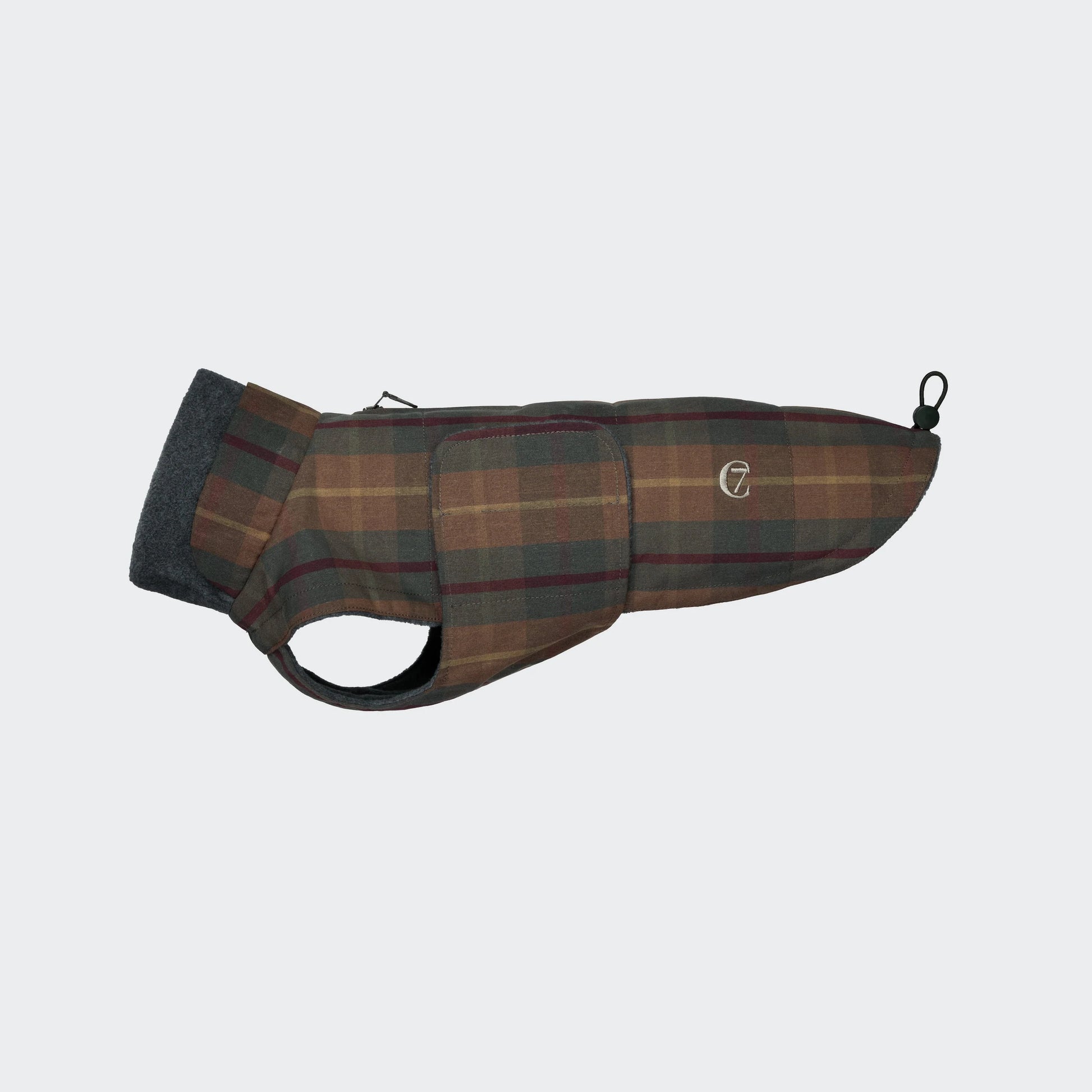 Cloud7 waxed tartan dog coat designed specifically for Dachshunds with full body coverage.
