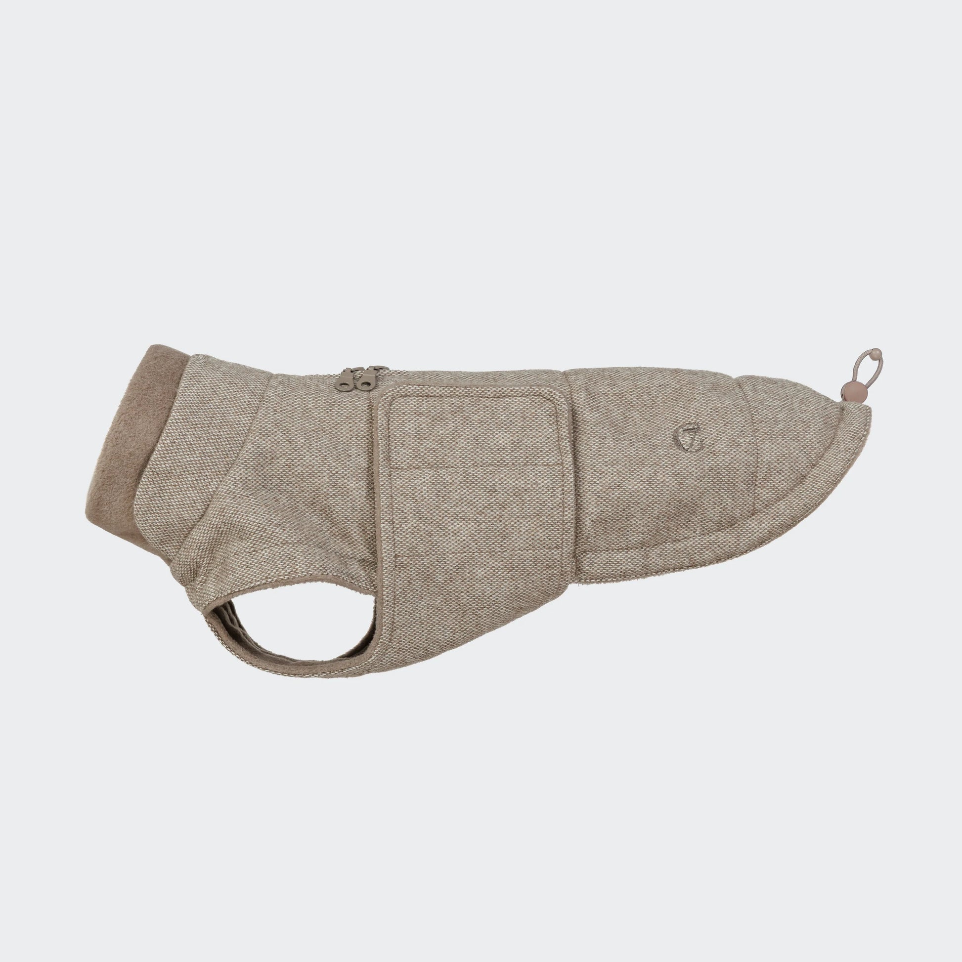 Cloud7 Brooklyn Tweed Beige coat designed specifically for Dachshunds with harness zip access.