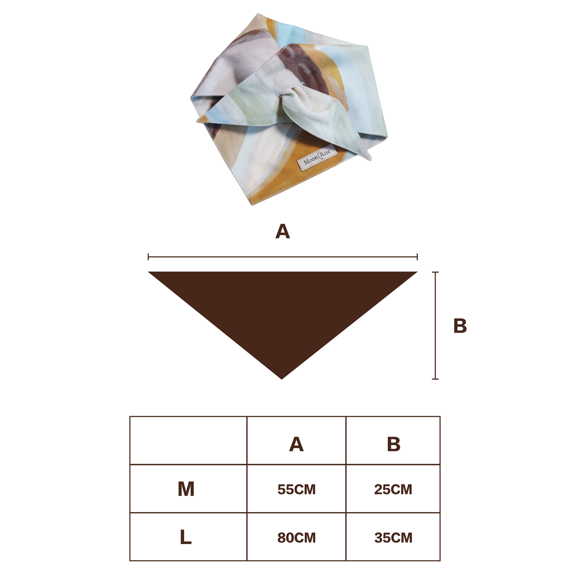 Measurement chart for a product with dimensions labeled A and B, showing sizes M and L.