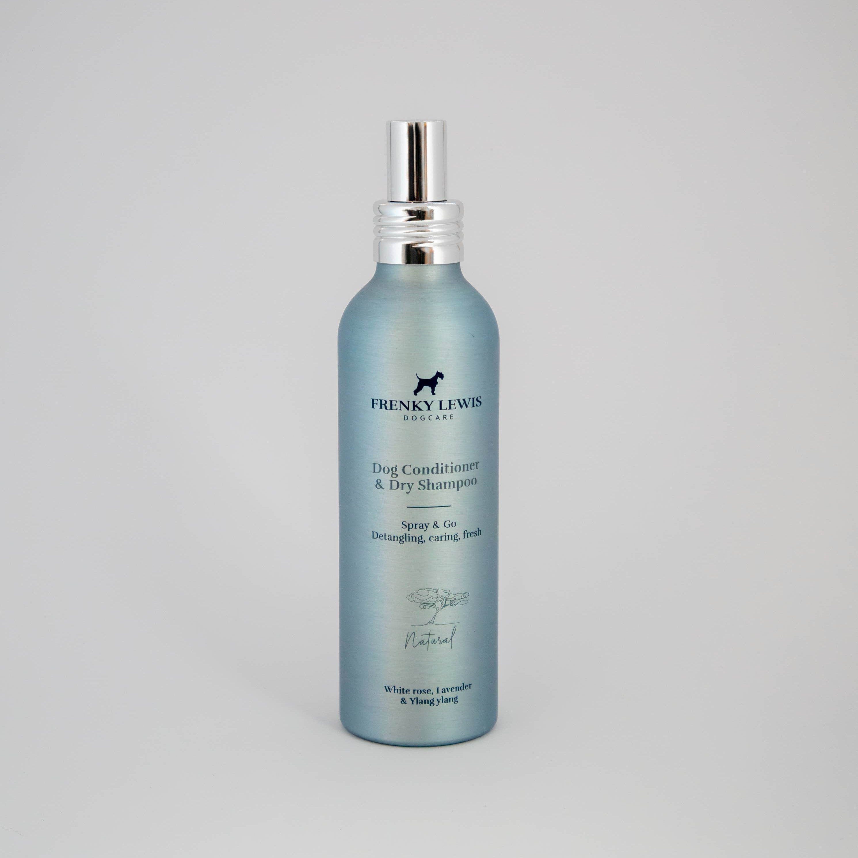 Premium dry shampoo and conditioner for dogs with an elegant White Rose, Lavender and Ylang Ylang fragrance.