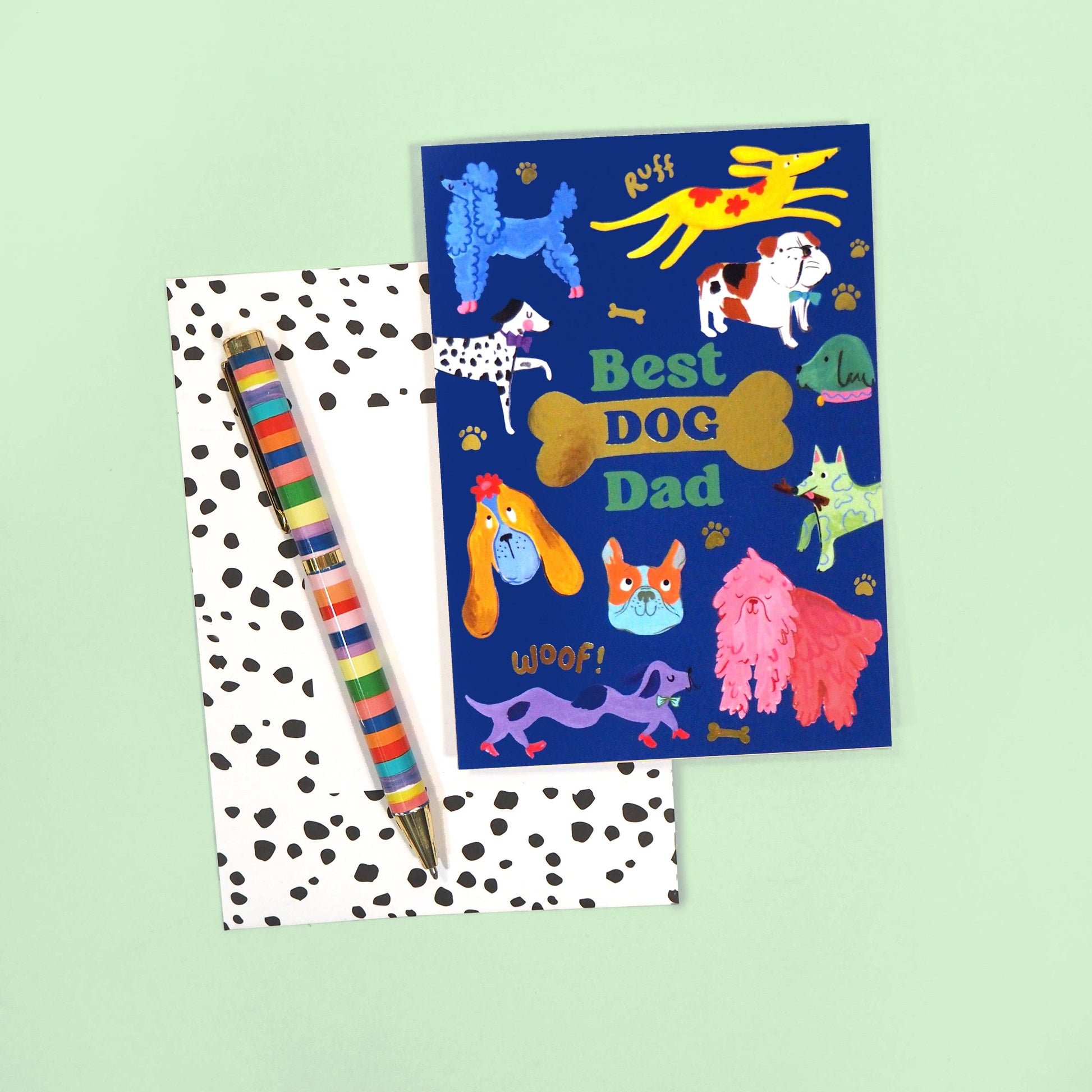 Gold foil Best Dog Dad card with navy background and hand-painted dogs.
