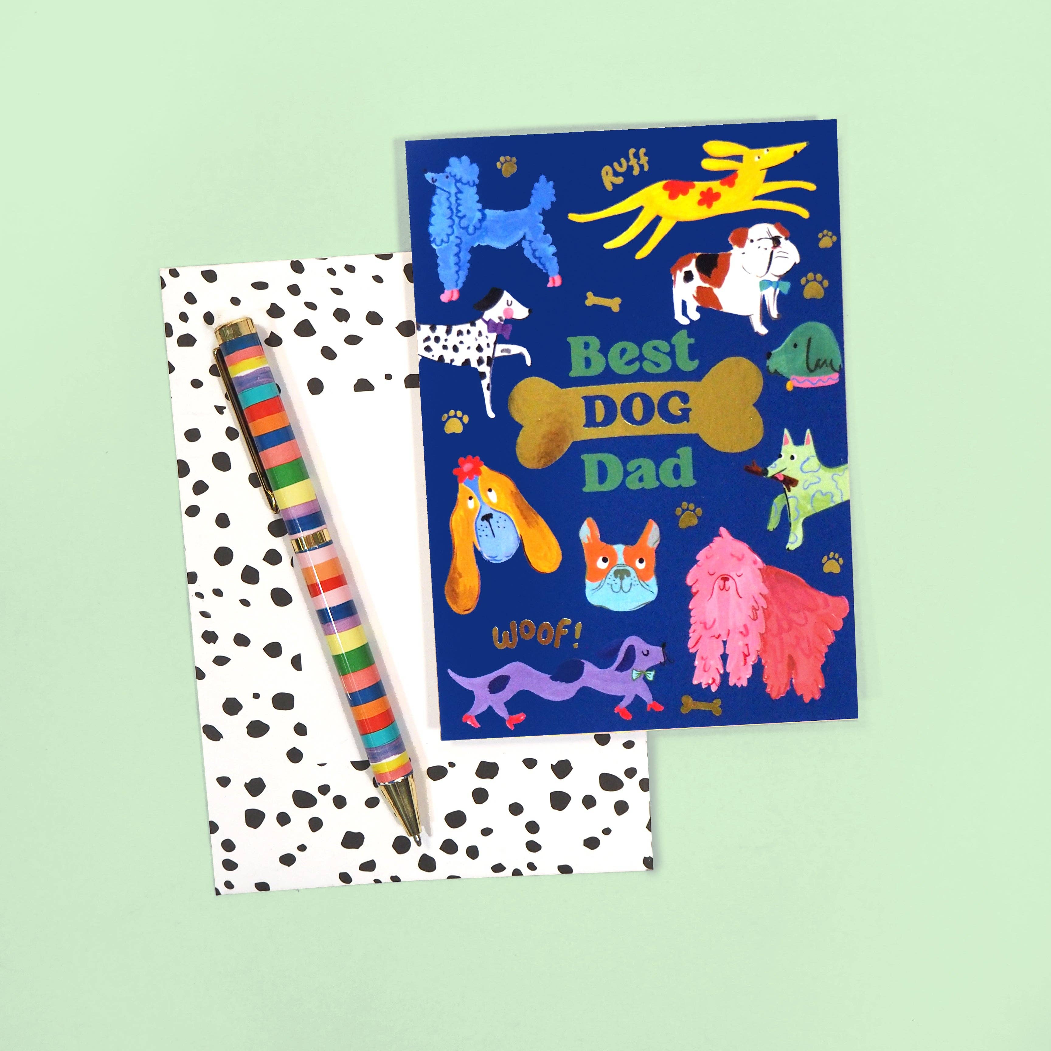 Gold foil Best Dog Dad card with navy background and hand-painted dogs.