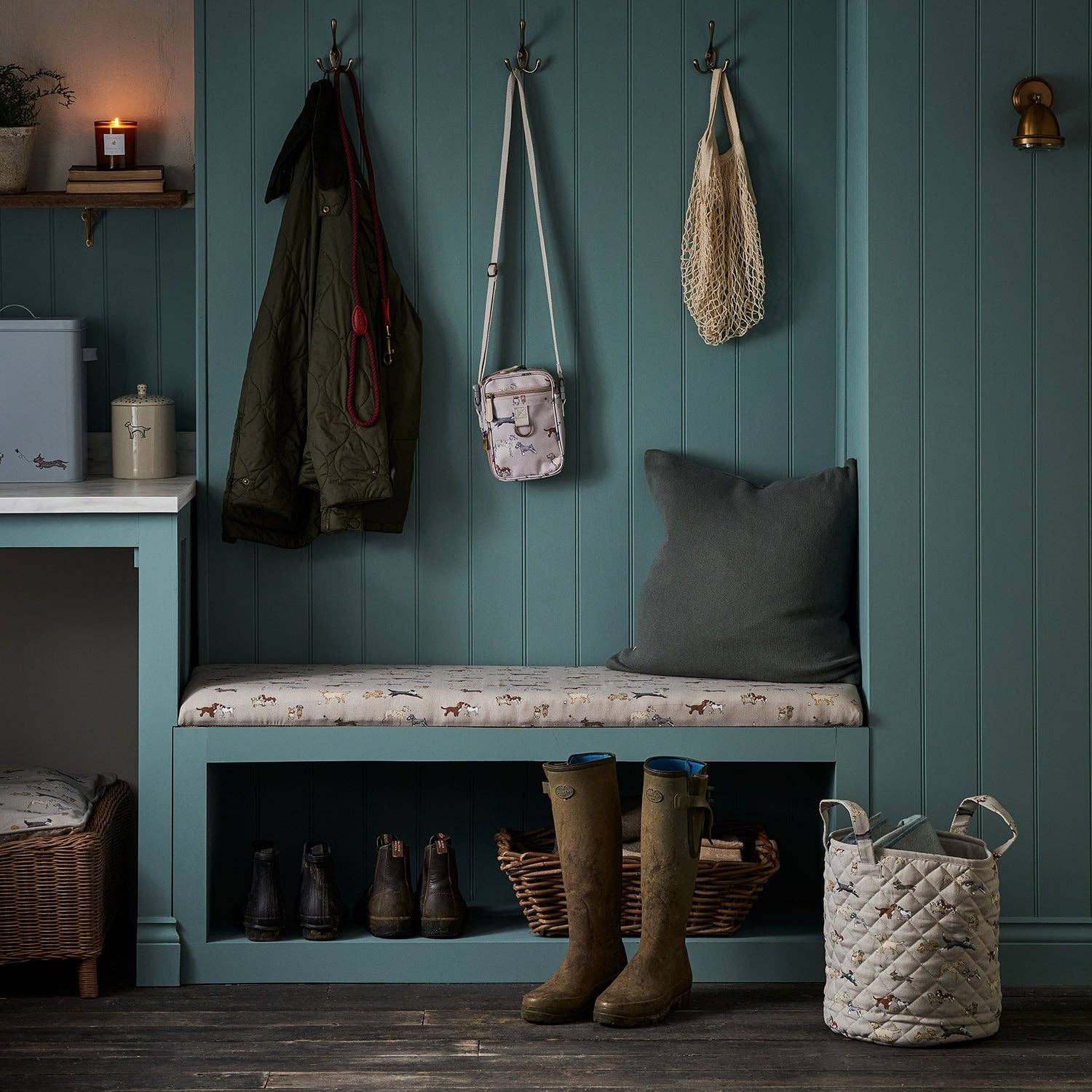 Stylish cotton storage basket for dog toys, blankets and accessories.