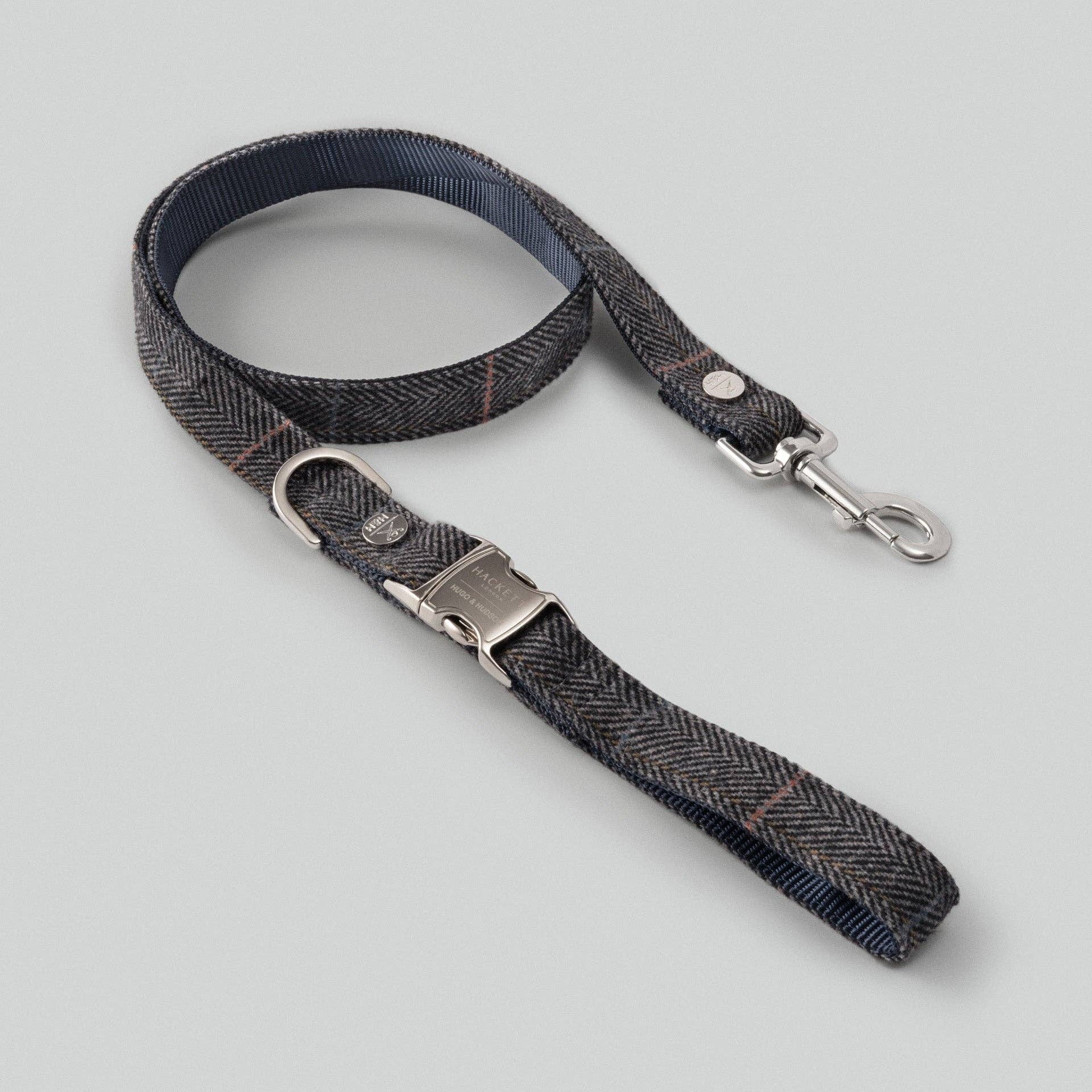 Grey Checked Herringbone Tweed Dog Lead with premium metal clasp and luxury wool-blend finish