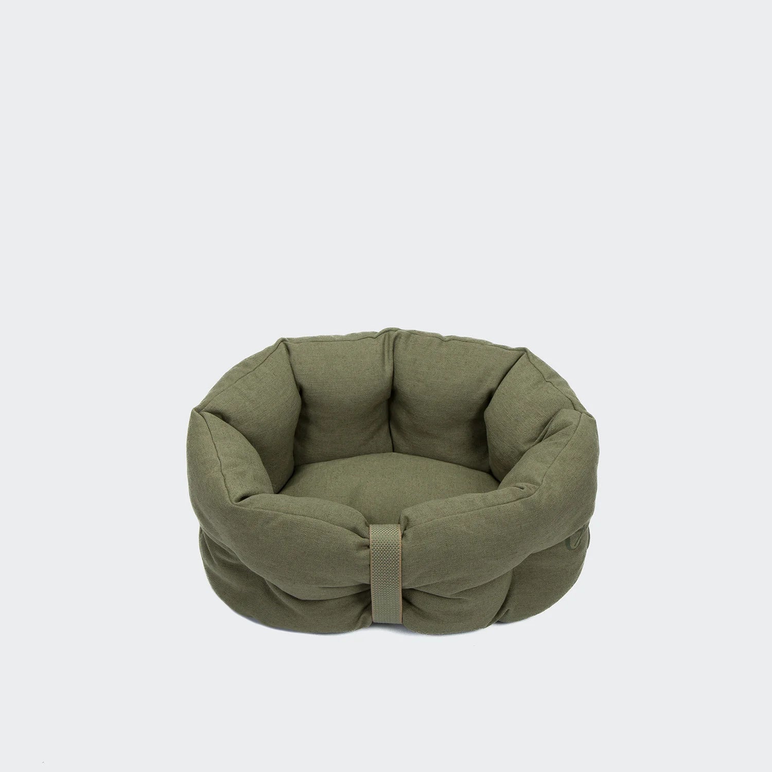 Cloud7 Snoozy dog bed with raised sides and soft linen mix fabric in moss green.