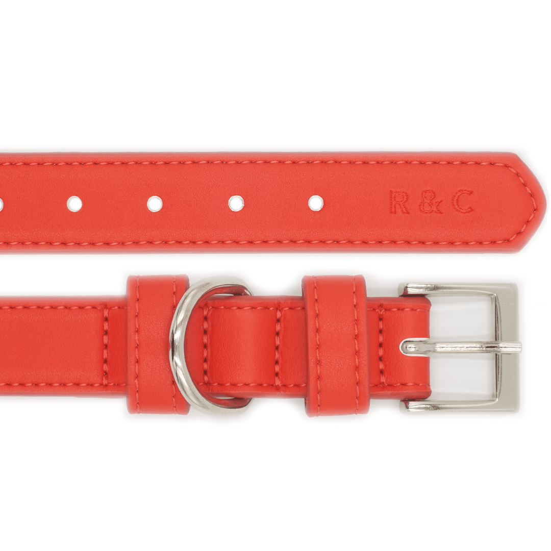 Luxury bright red dog collar by Ralph & Co with a soft leather-look finish