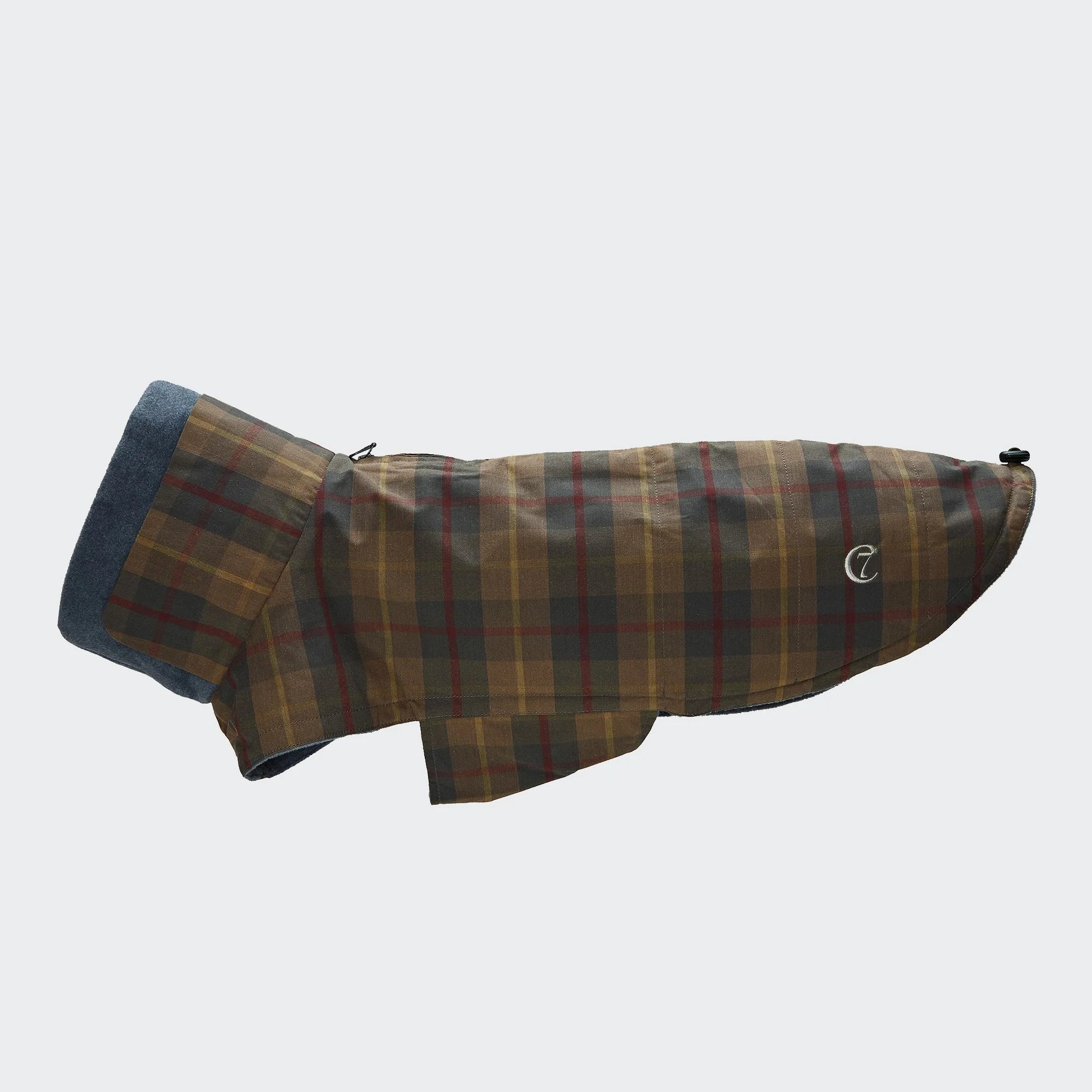Premium tartan dog coat featuring weather-resistant fabric and adjustable fit.