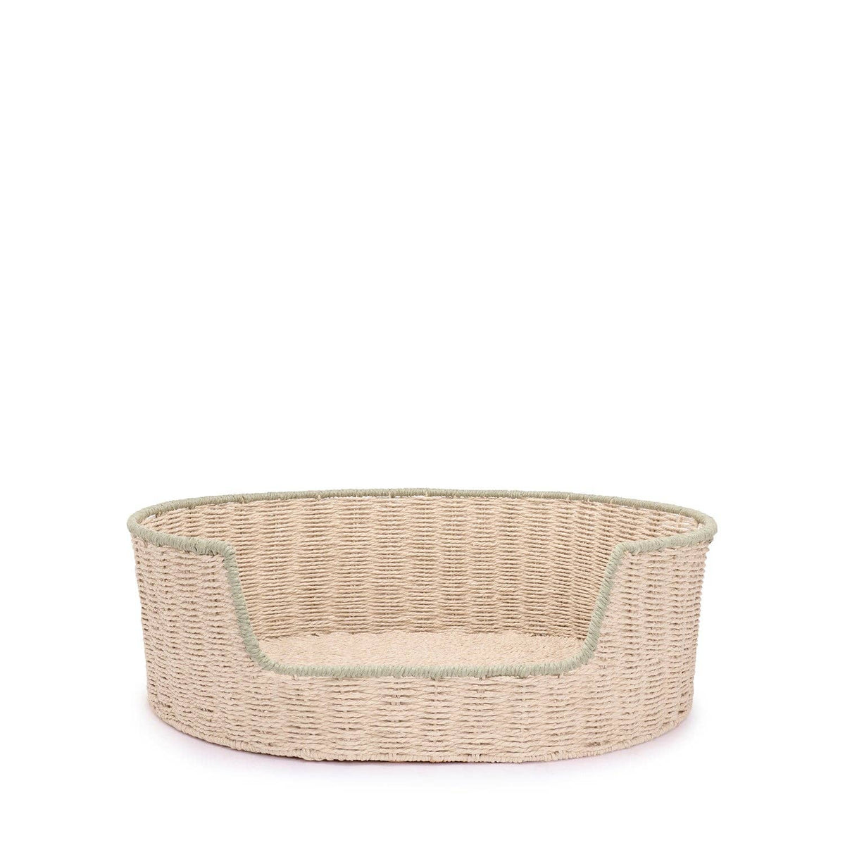 Stylish natural woven dog basket with supportive wire frame.