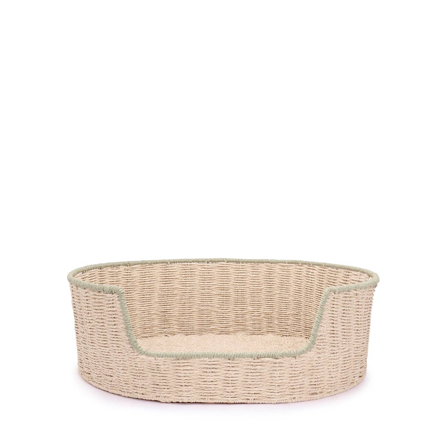 Stylish natural woven dog basket with supportive wire frame.