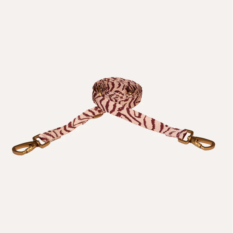 A zebra-print fabric dog leash with gold-tone metal swivel clasp hardware, shown coiled on a light cream background.