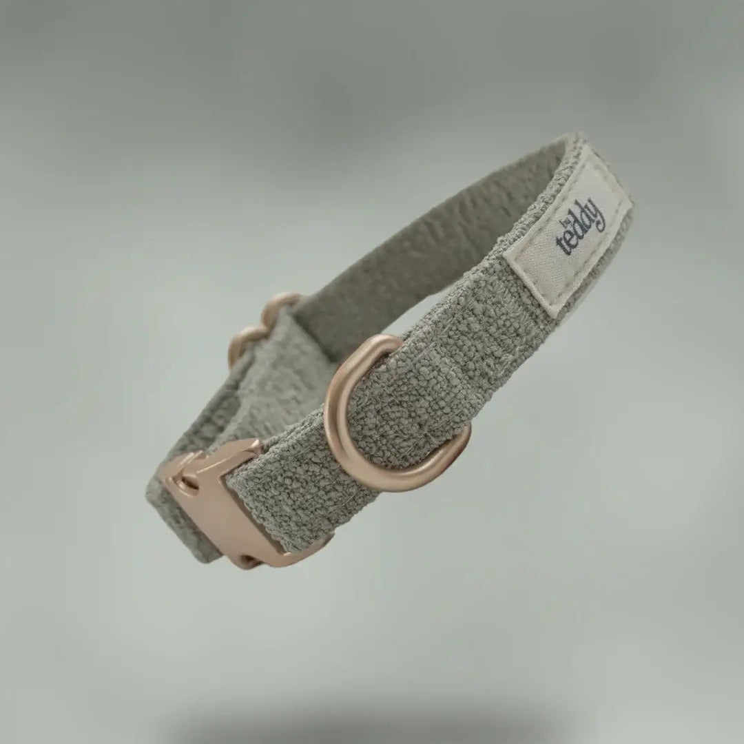 Gray dog collar with a rose gold buckle on a gray background