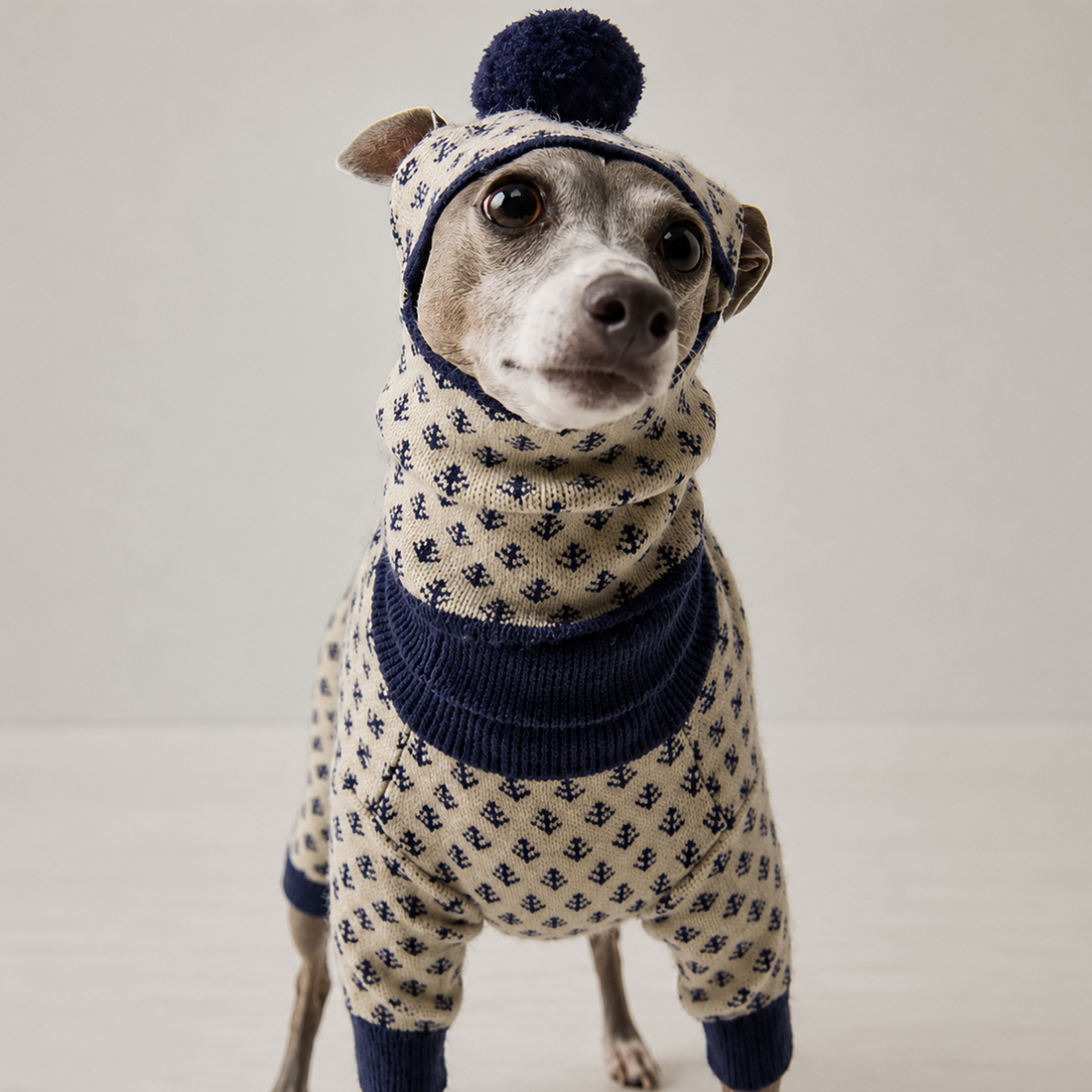 Dog wearing a patterned sweater and hat with a pom-pom on a plain background