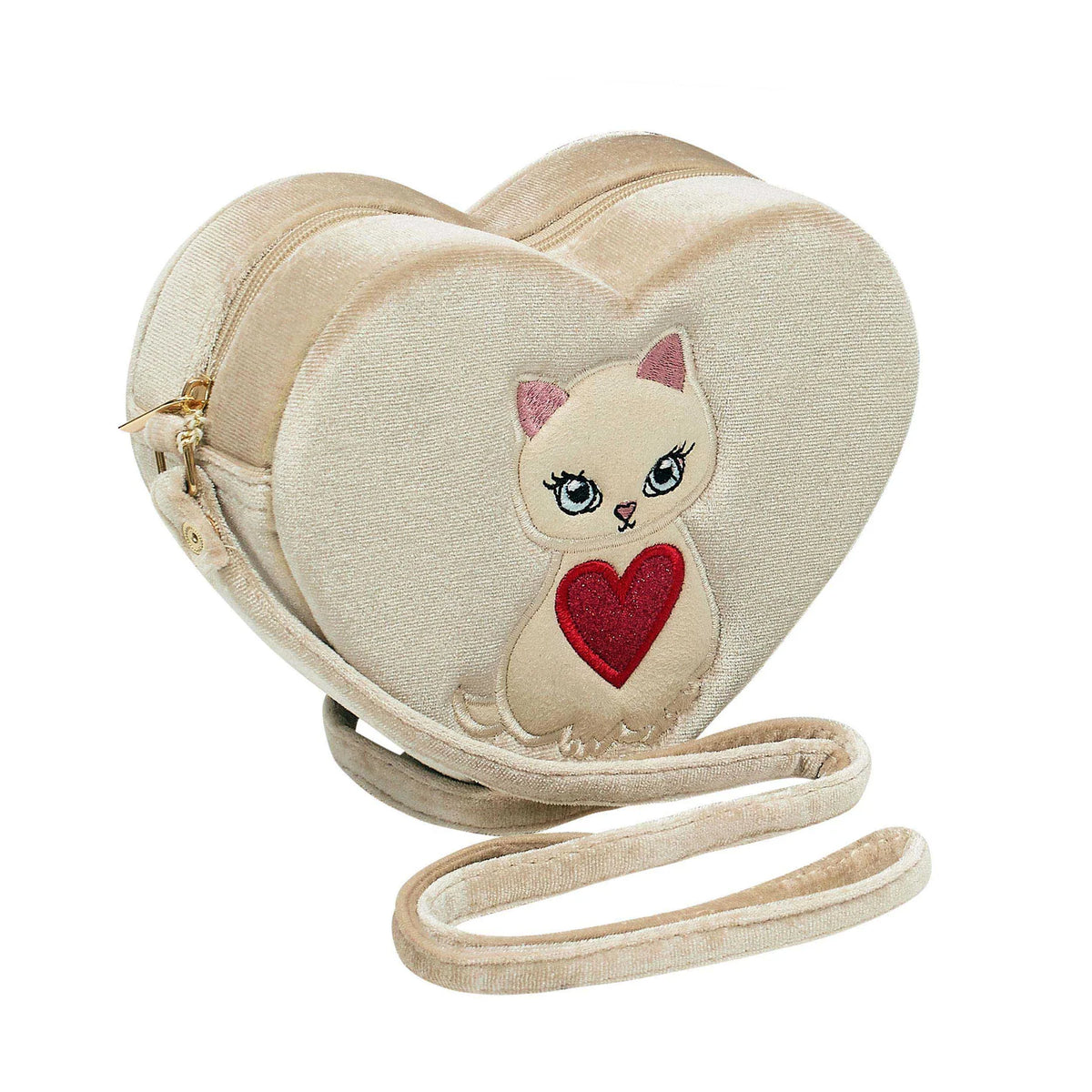 Mimi & Lula Kitty Heart Bag in soft beige velvet with white cat and red heart design