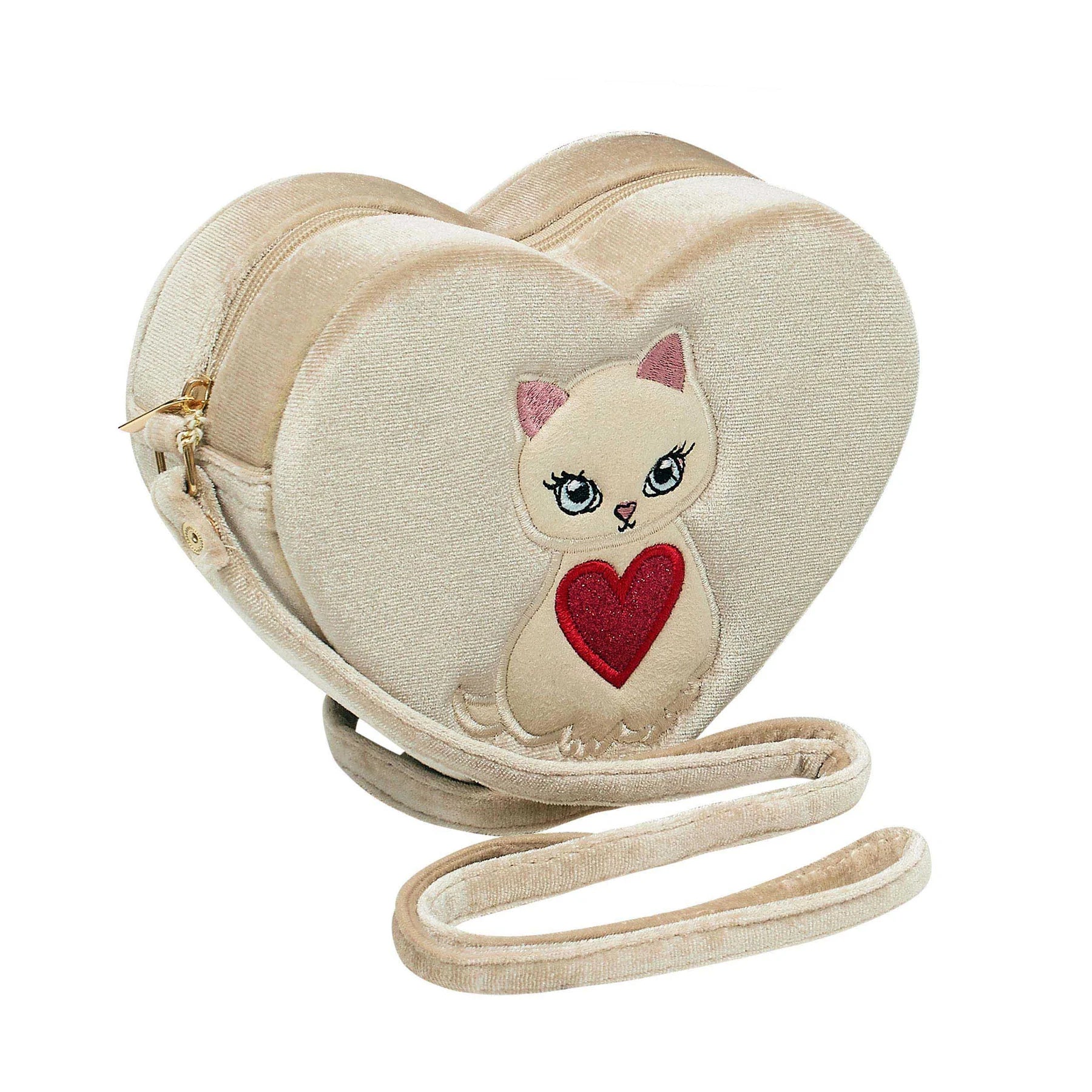 Mimi & Lula Kitty Heart Bag in soft beige velvet with white cat and red heart design