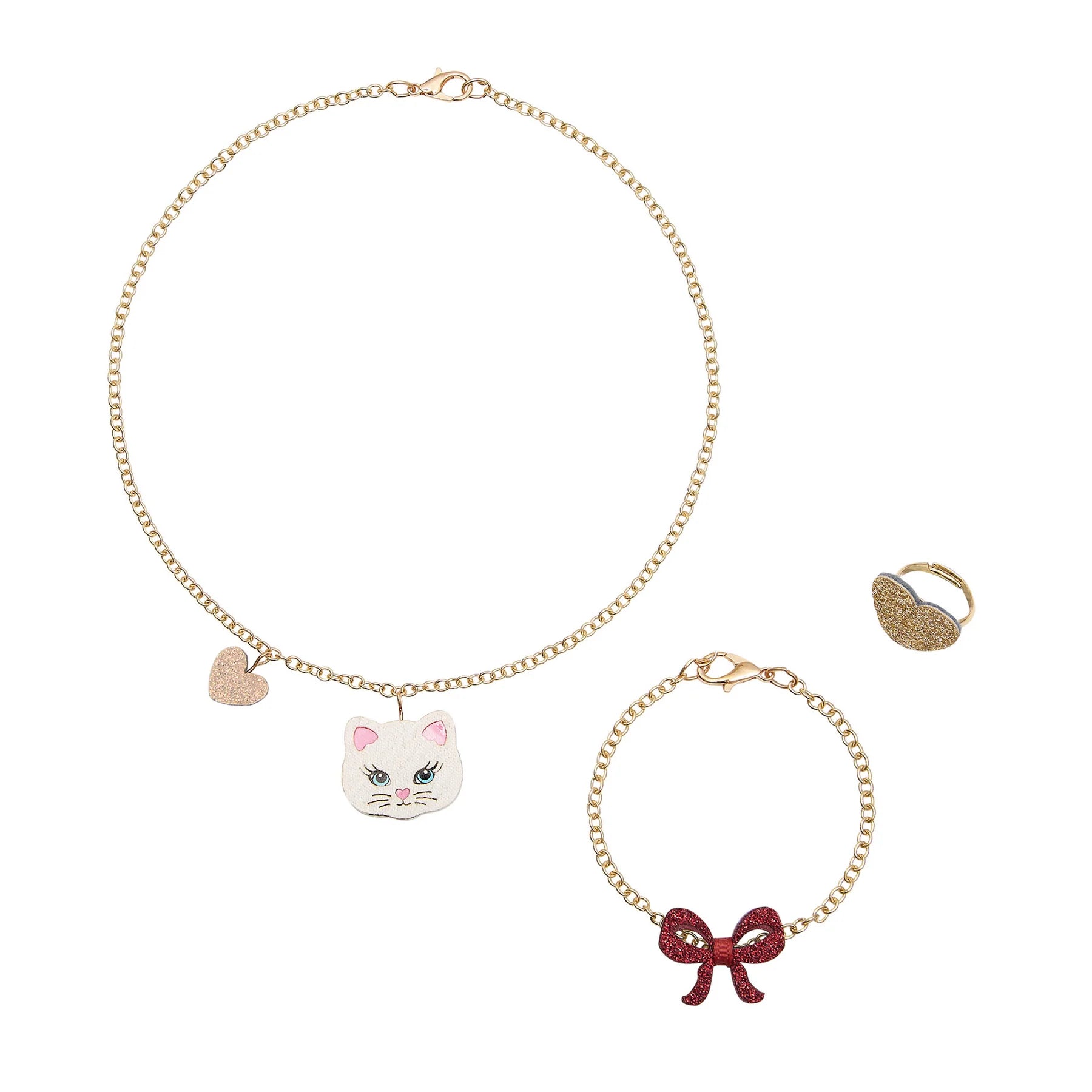 Mimi & Lula Kittybow children's jewellery set with kitten necklace, bow bracelet and heart ring