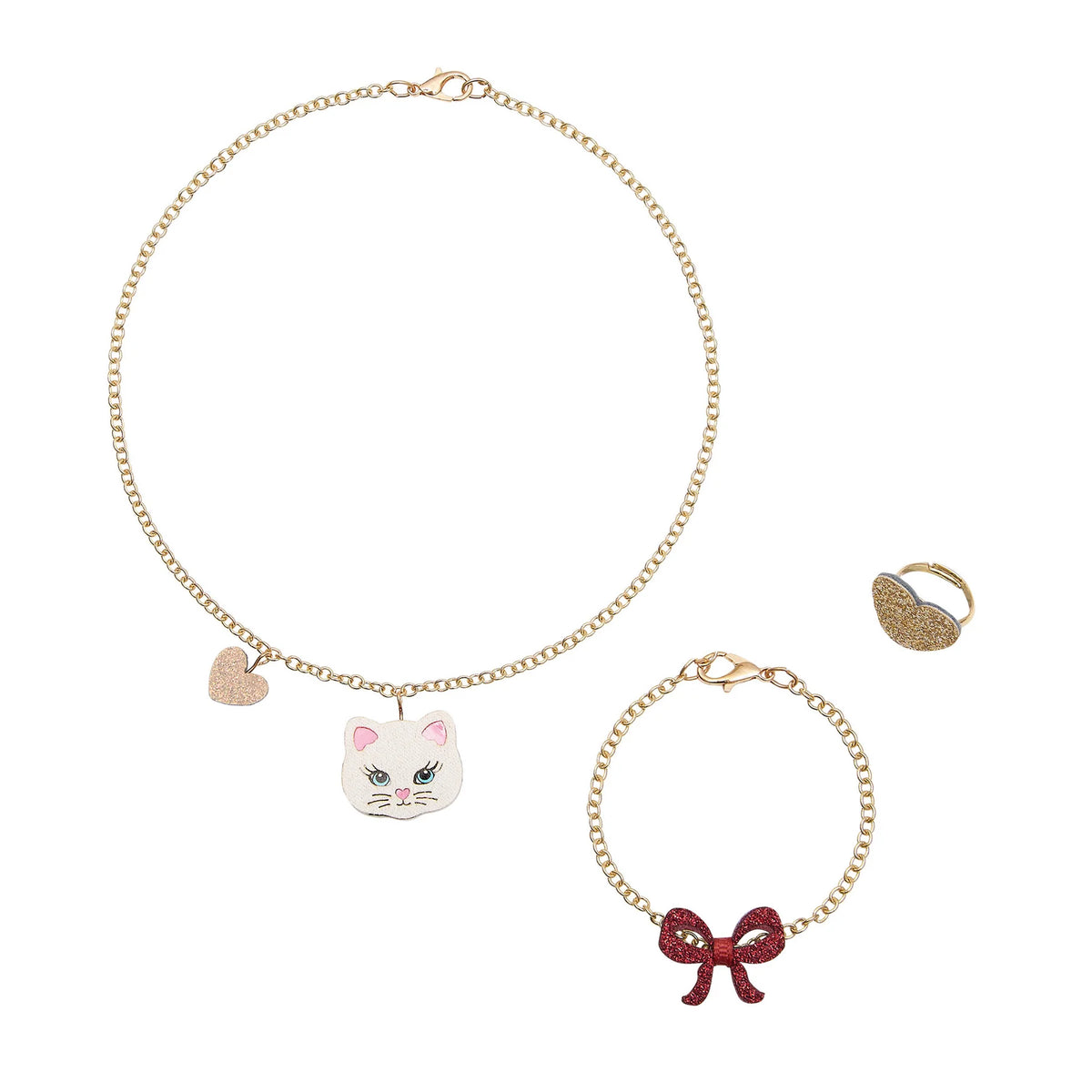 Mimi & Lula Kittybow children's jewellery set with kitten necklace, bow bracelet and heart ring