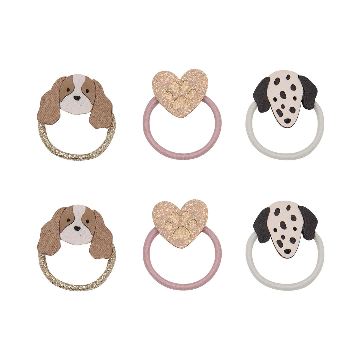 Mimi & Lula Puppy Love mini hair ties featuring six puppy and gold heart designs