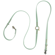 A mint green leather dog leash with brass hardware, including a snap hook clasp, adjustment holes, and a small heart-shaped tag, displayed on a clean white background.