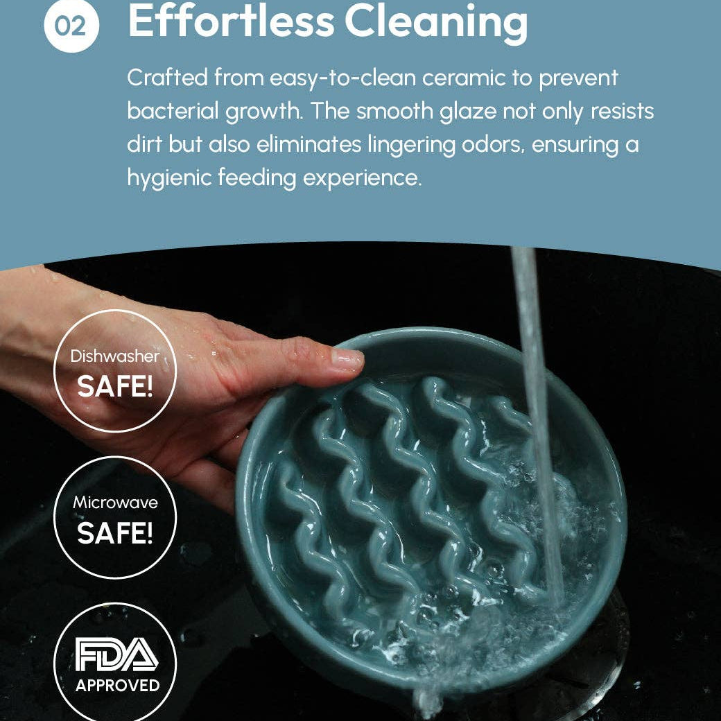 Ceramic pet bowl being rinsed with water, featuring text about its ease of cleaning and safety features.