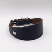 Navy leather dog collar with a silver buckle on a white background