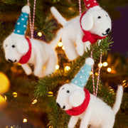 Namaste felt dog Christmas decoration with dotty hat and tie