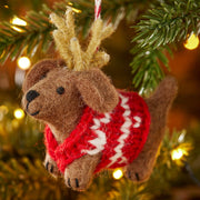 Namaste felt dog with antlers Christmas hanging decoration