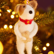 Namaste handmade felt dog holding a bone hanging decoration