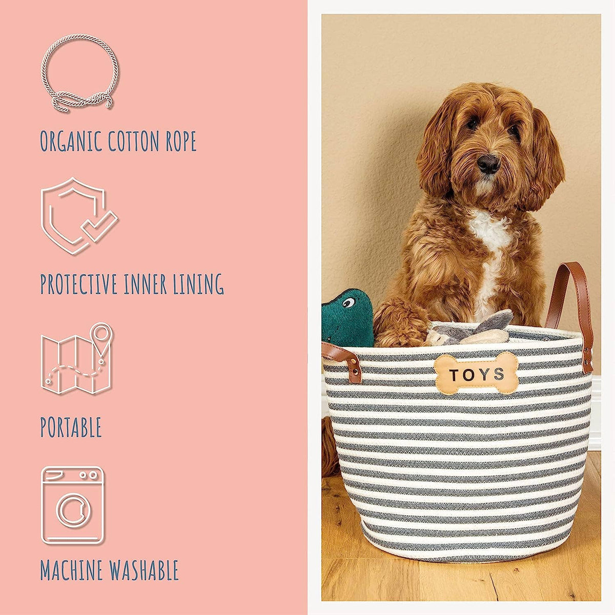 Soft-sided organic cotton rope basket for storing dog toys in stylish homes.