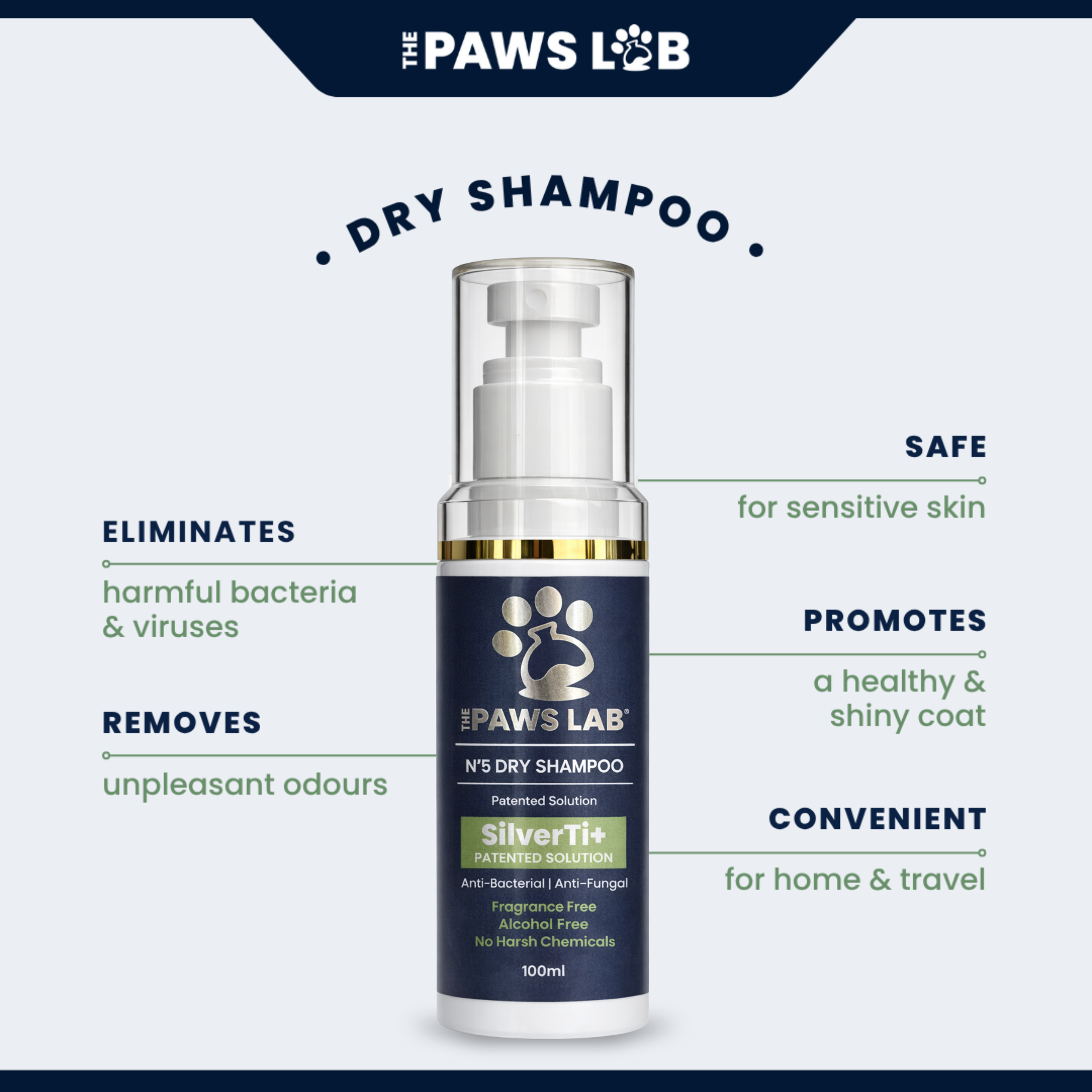 Waterless dog dry shampoo spray for refreshing coats between baths.