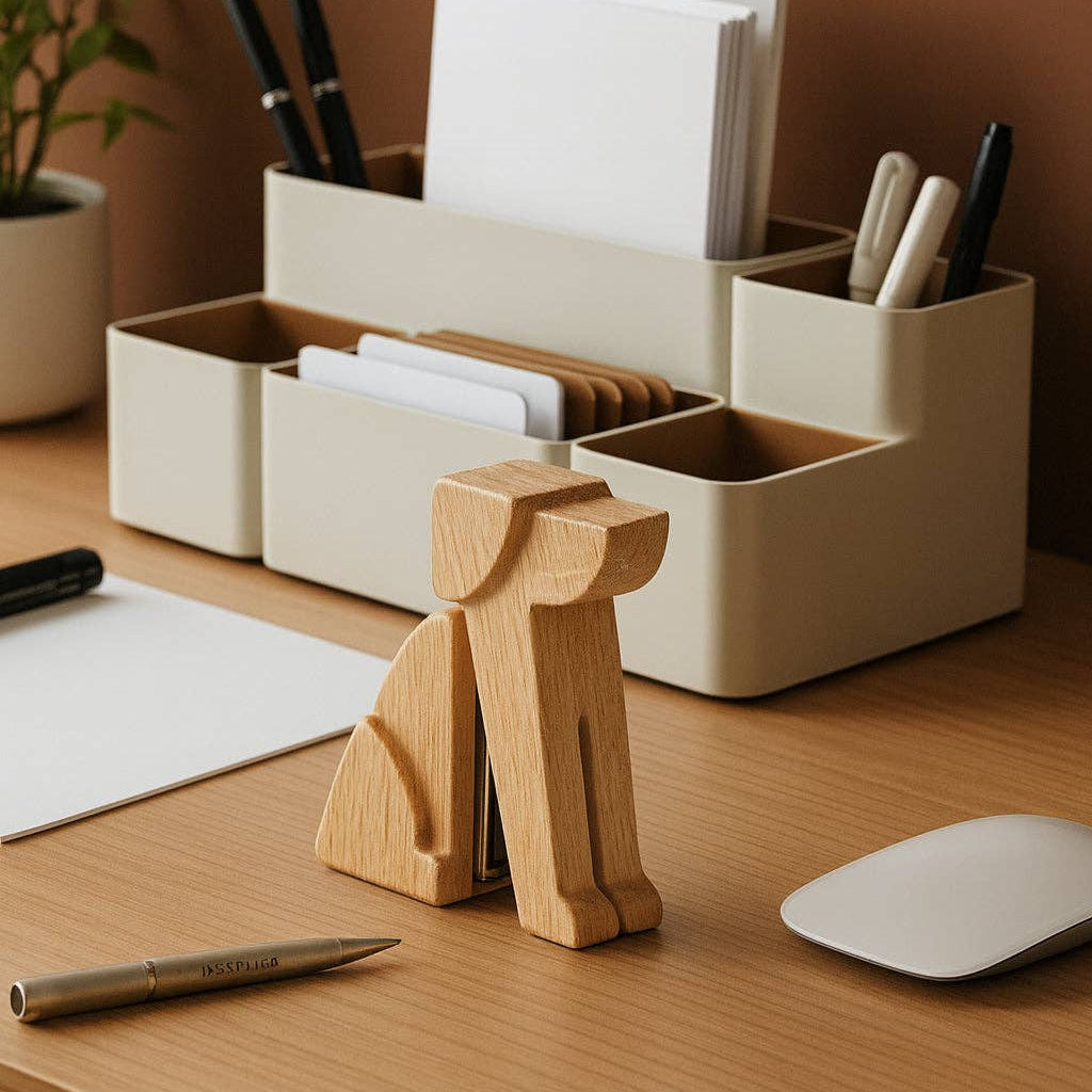 Beige desk organizer with stationery items on a wooden desk.