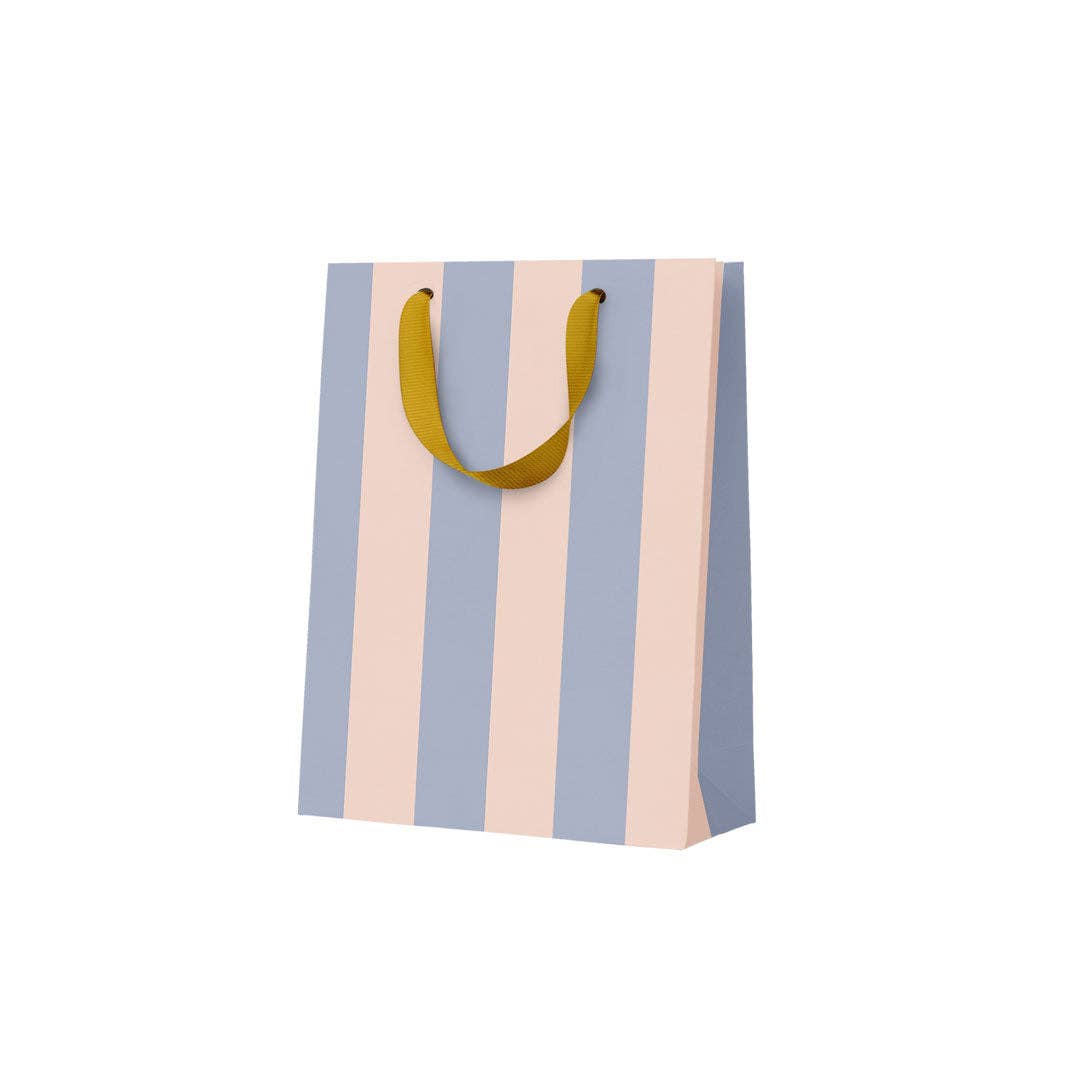 Colourful small gift bag with bold blue and pink stripes.