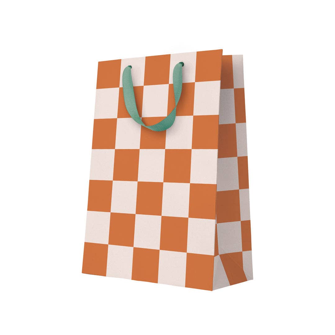 Ohh Deer large gift bag with warm burnt sienna checkerboard design.