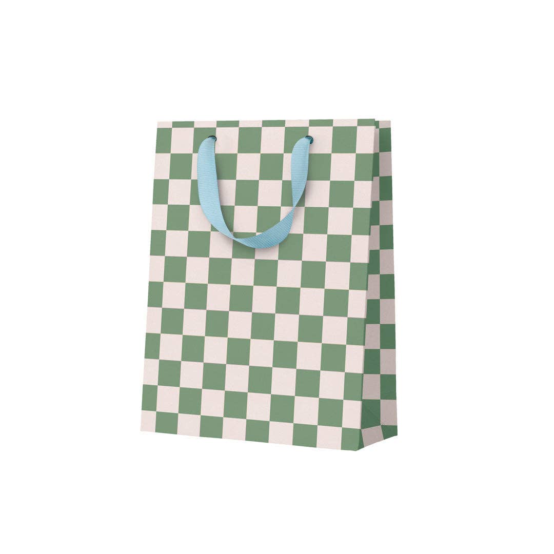 Ohh Deer medium gift bag with contemporary khaki checkerboard design.